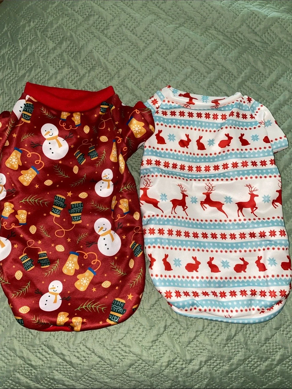 Pet Holiday Pajama Tops - Red & White Reindeer and Snowman Prints